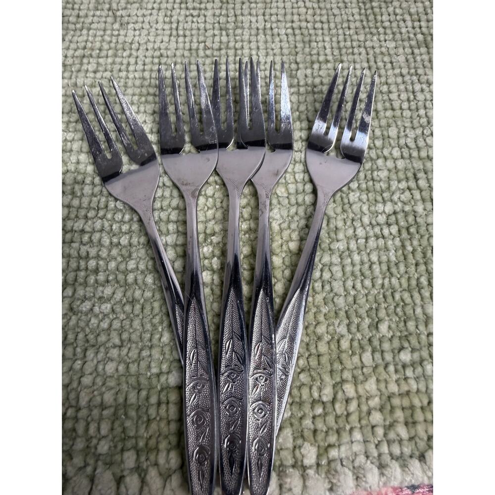 Set 5 Customcraft Stainless Salad Forks Rose/Floral 6 Inch Taiwan Flatware